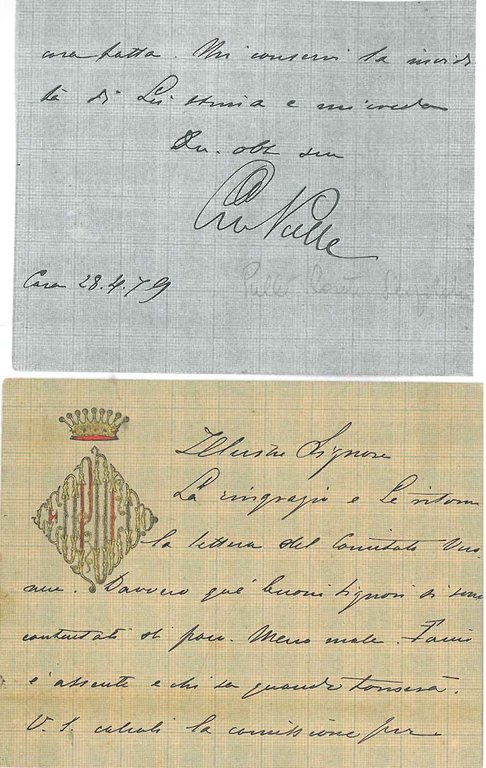 Cartoncino quadrettato in blu con mogramma nobiliare in rosso e …