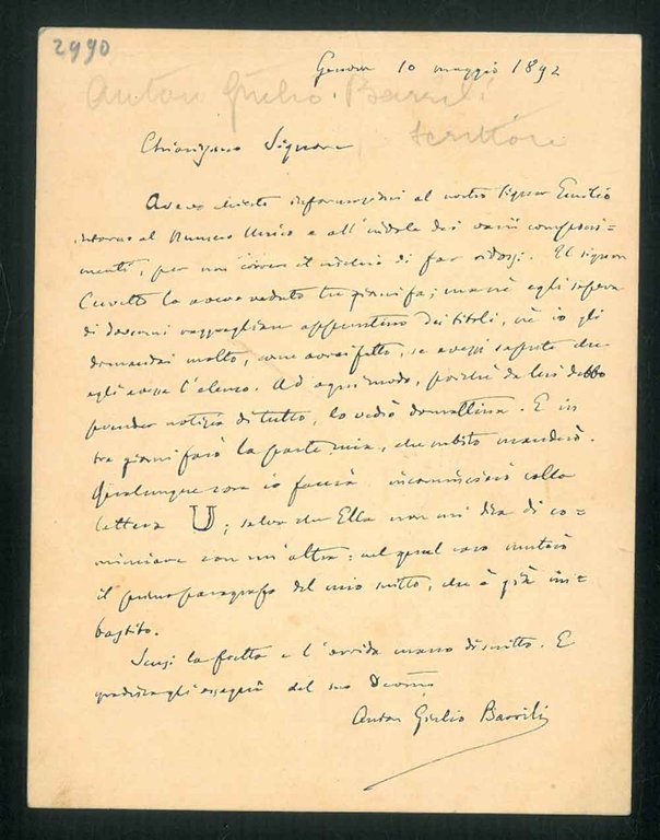 Chiarissimo Signore. Genova 10 maggio 1892