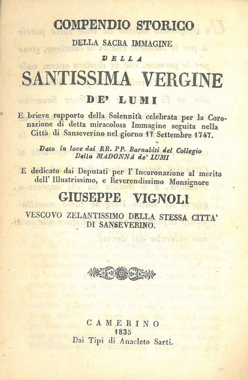 Compendio storico della Sacra Immagine della Santissima Vergine de' lumi …