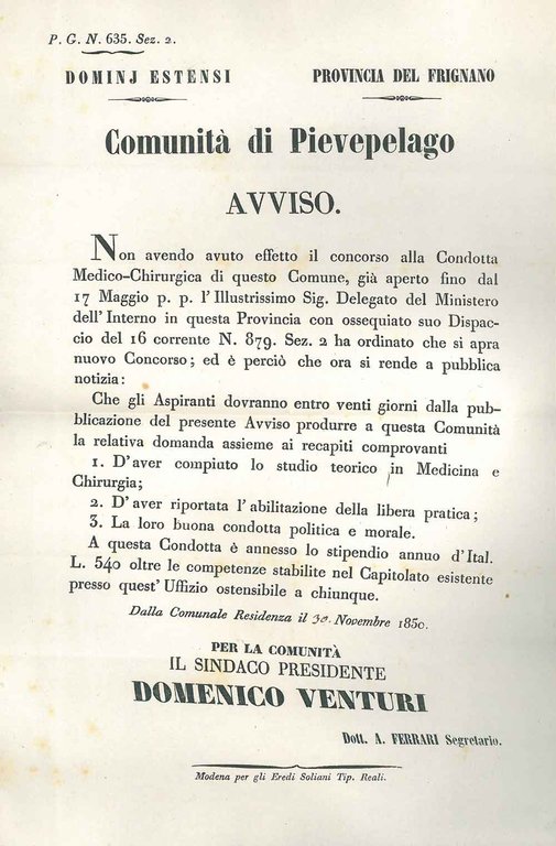 Comunità di Pievepelago. Avviso relativo alla copertura della condotta medico-chirurgica …