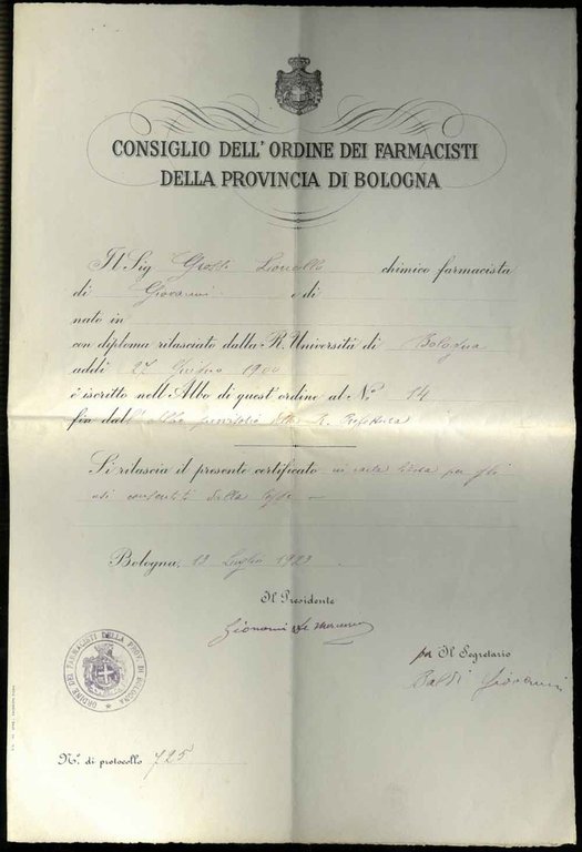 Consiglio dell'Ordine dei Farmacisti della Provincia di Bologna. Certificato di …