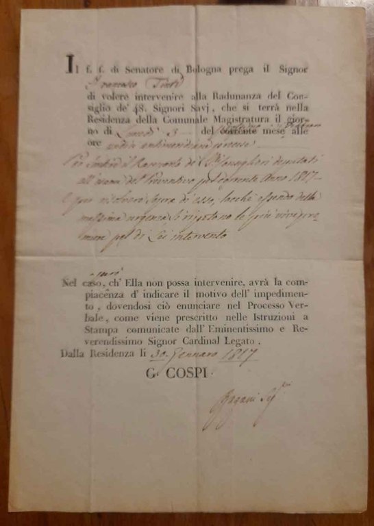 Convocazione alla Radunanza del Consiglio dè 48 Signori Savj nella …