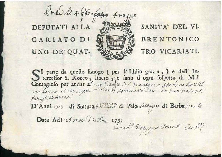 Deputati alla sanità del vicariato di Brentonico uno de' quattro …