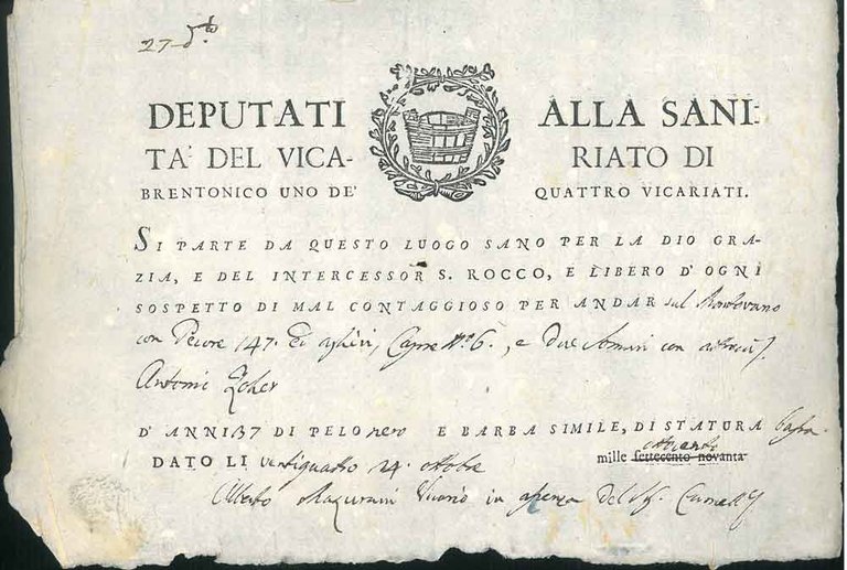 Deputati alla Sanità del vicariato di Brentonico uno de' quattro …