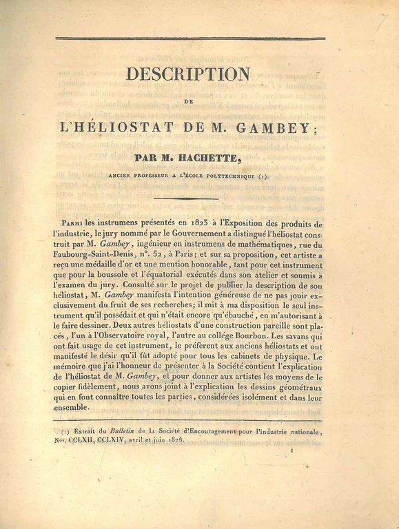 Description de l'héliostat de M. Gambey