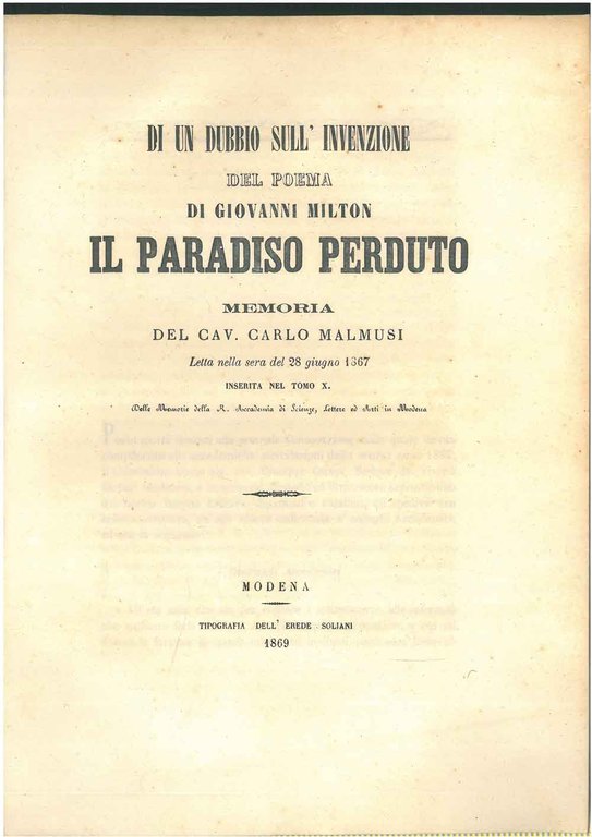 Di un dubbio sull'invenzione del poema di Giovanni Milton "Il …