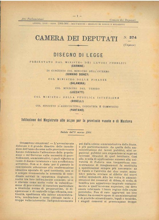 Disegno di legge : Istituzione del Magistrato alle acque per …