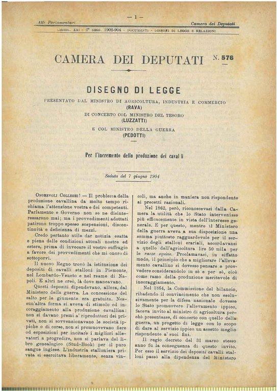 Disegno di legge Per l'incremento della produzione dei cavalli. Seduta …