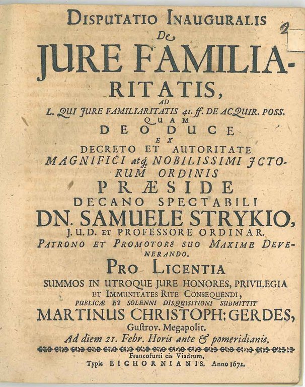 Disputatio inauguralis De Jure Familiaritatis. Pro Licentia summos in utroque …