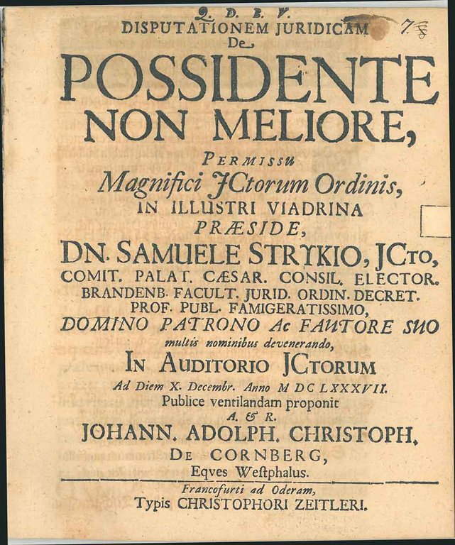Disputationem juridicam De Possidente non meliore. In Auditorio JCtorum. Publice …