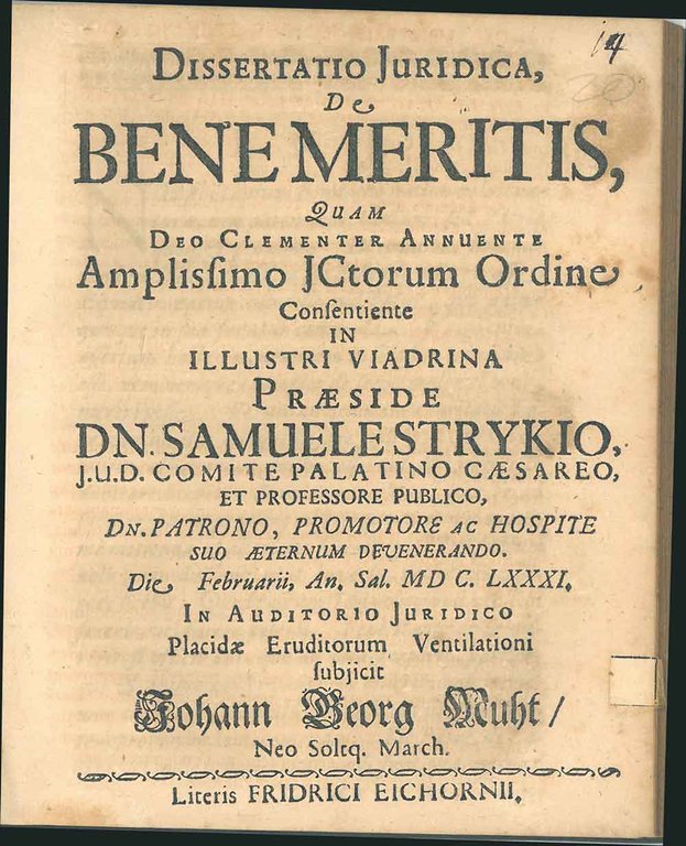 Dissertatio Juridica De Benemeritis Quam Deo Clementia Annuente. In Auditorio …