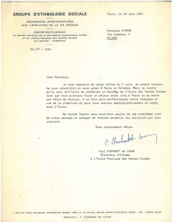 Due lettere su carta intestata: "Groupe d'ethnologie sociale, recherches interdisciplines …