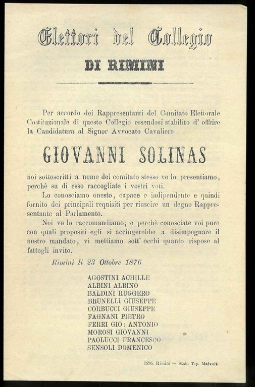 Elettori del Collegio di Rimini. "essendosi stabilito d'offrire la Candidatura …