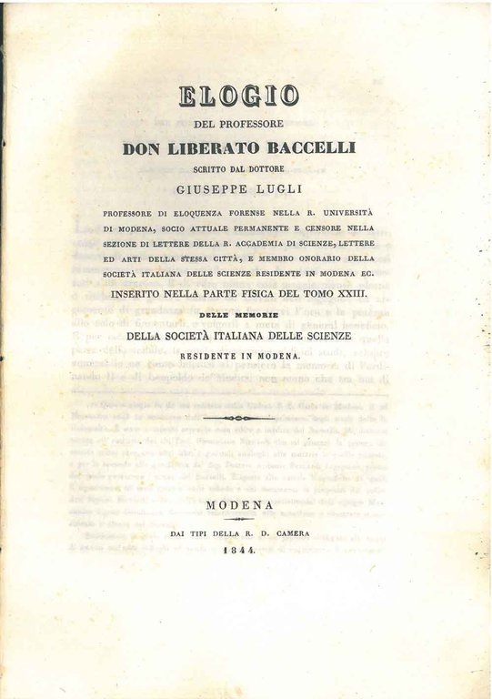 Elogio del professore Don Liberato Baccelli. inserito nella parte fisica …