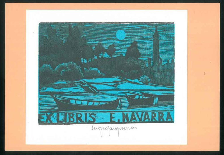 Ex libris di Evaristo Navarra. Litografia con firma autografa dell'artista …