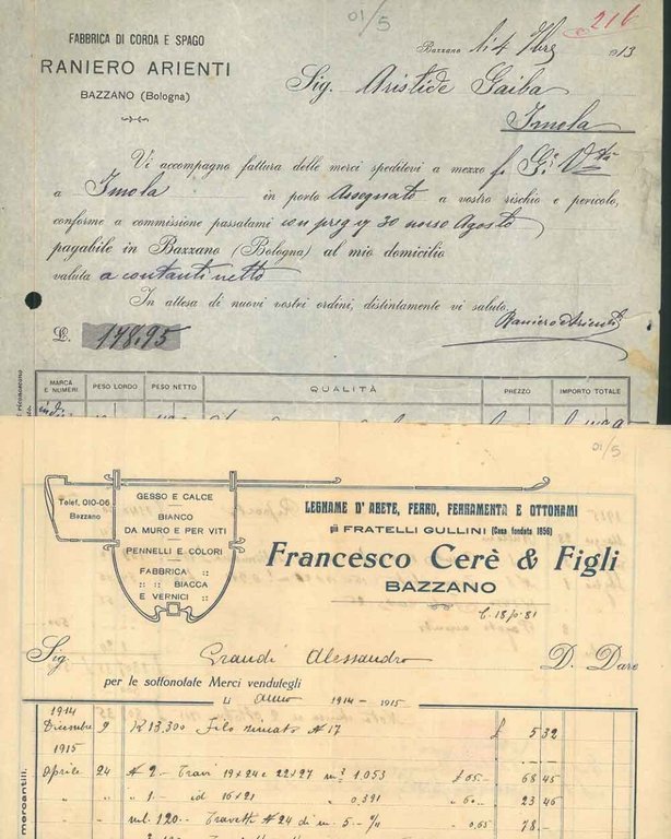 Fatture di due ditte di Bazzano. Cerè e Figli, legname, …