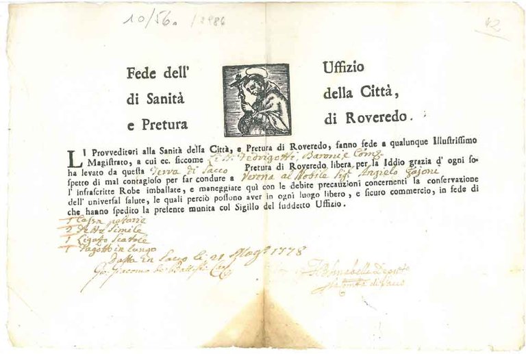 Fede dell'uffizio di sanità della città e pretura di Roveredo. …