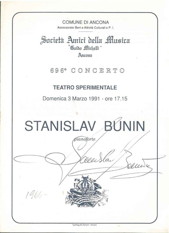 Firma autografa del pianista al frontespizio del Programma di sala …