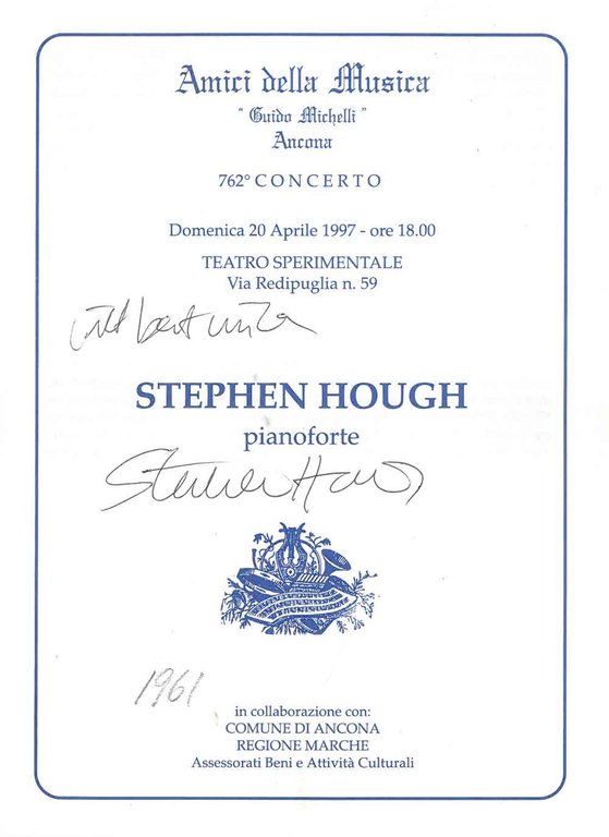 Firma autografa del pianista al frontespizio del Programma di sala …