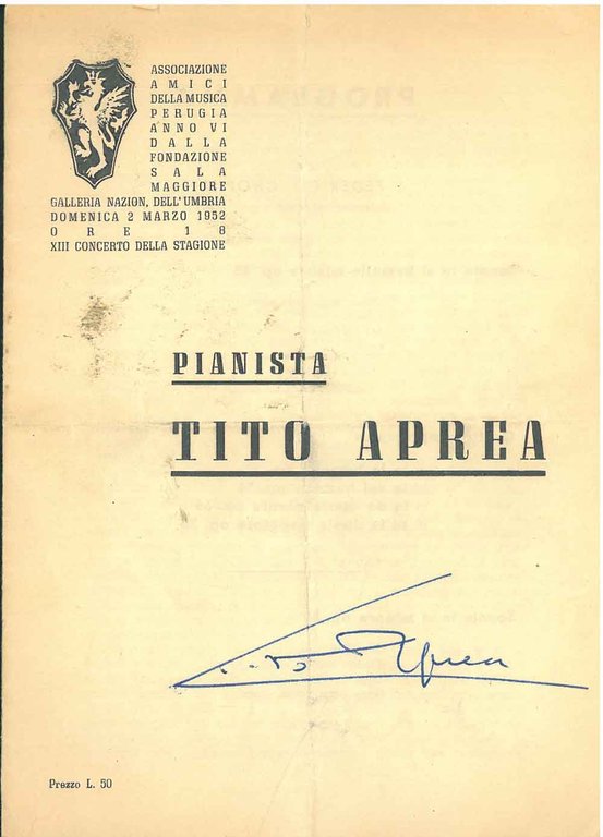 Firma autografa di Aprea alla copertina del programma di sala …