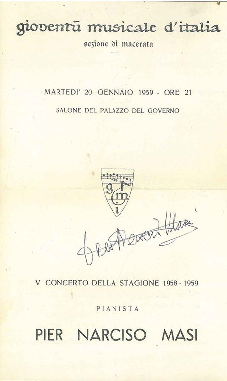 Firma autografa sul programma di sala della Gioventù musicale d'Italia, …