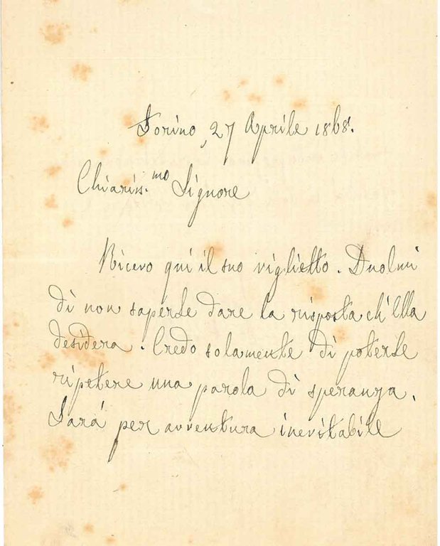 Foglietto bianco diviso a metà, datato "Torino, 27 aprile 1868"