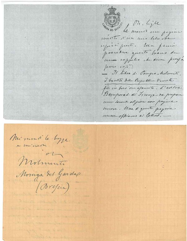 Foglietto piegato con intestazione della Camera dei Deputati