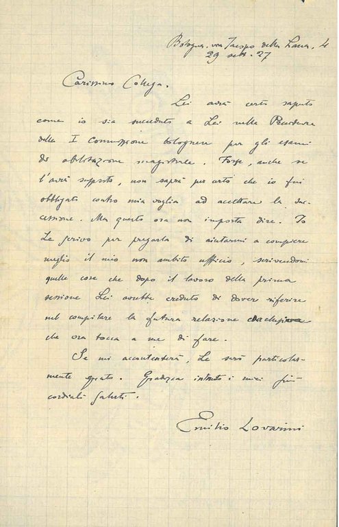 Foglio a quadretti datato: "Bologna, via Jacopo della Lana, 4, …
