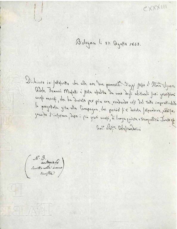 Foglio bianco con 5 righe autografe e firmate dal prof. …