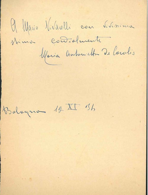 Foglio bianco con dedica a Mario Vivarelli, autografa e firmata …