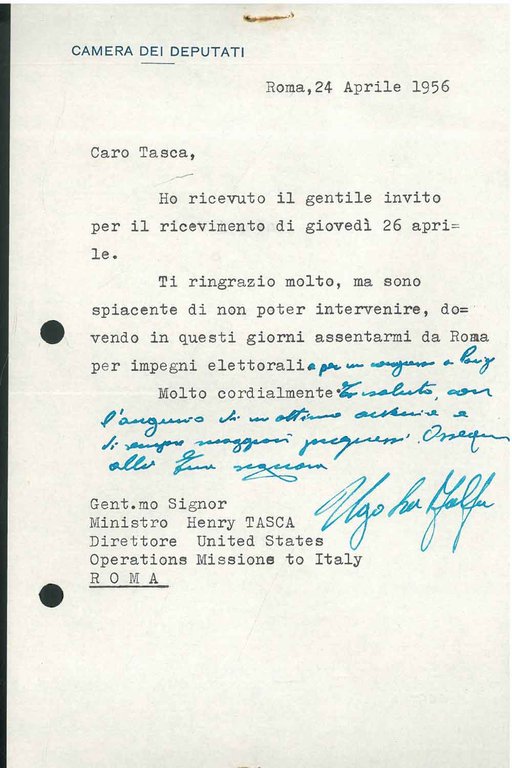 Foglio bianco intestato: "Camera dei Deputati" e datato "Roma, 24 …