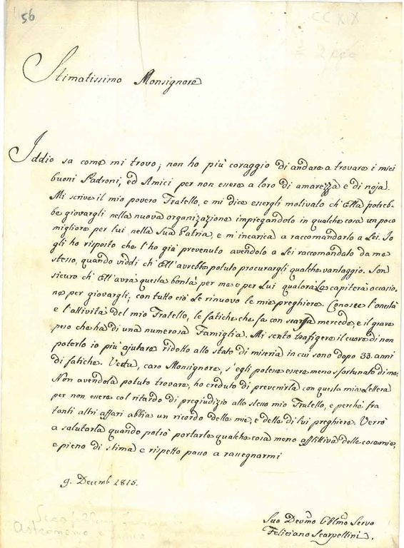 Foglio datato: "9 dicemb. 1815" e inviato a ". Monsig.e …