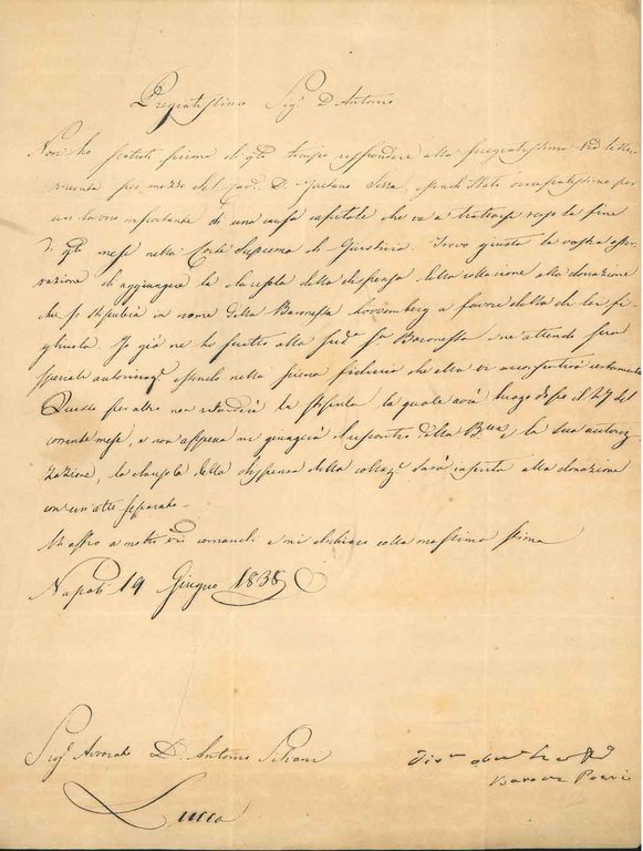 Foglio datato: " Napoli, 19 giugno 1838"