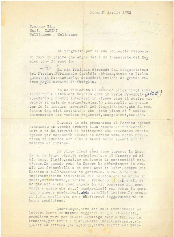 Foglio dattiloscritto, datato: Roma, 30 aprile