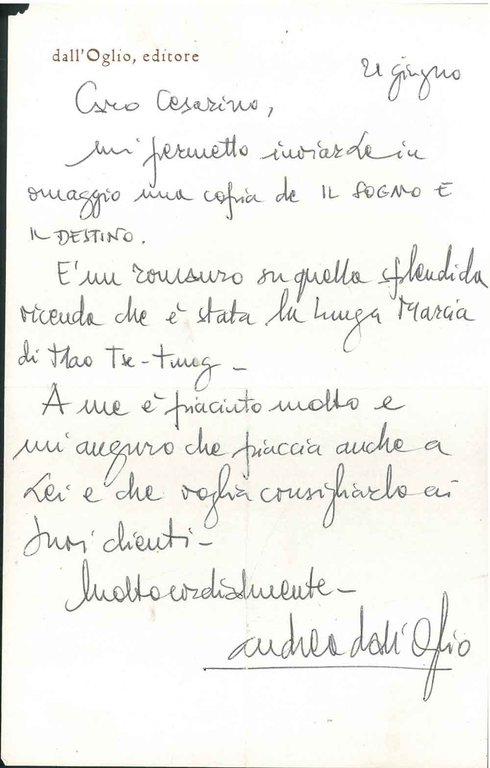 Foglio intestato: "Dall'Oglio Editore", datato "21 giugno"