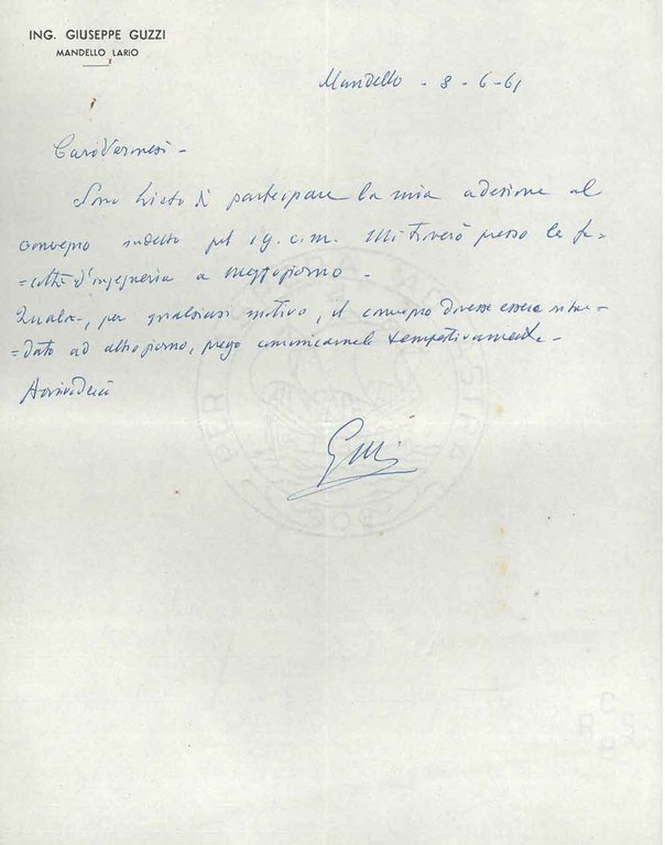 Foglio intestato: Ing. Giuseppe Guzzi, Mandello Lario, datato: 8-6-61