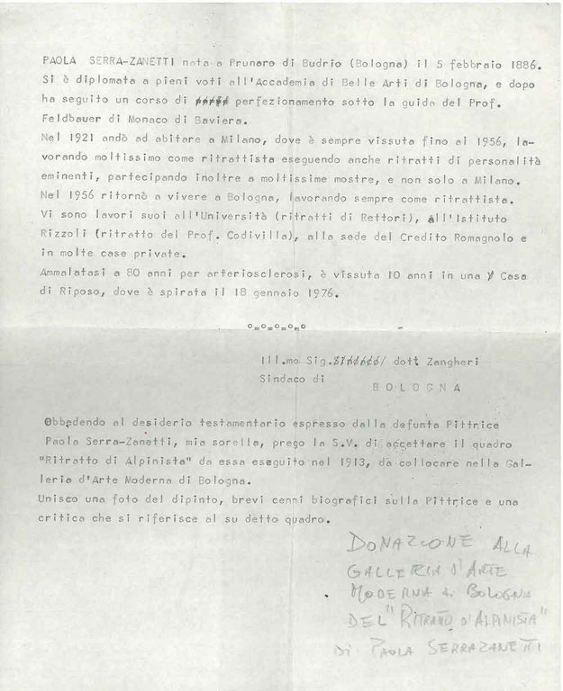 Foglio inviato al Sindaco di Bologna Renato Zangheri