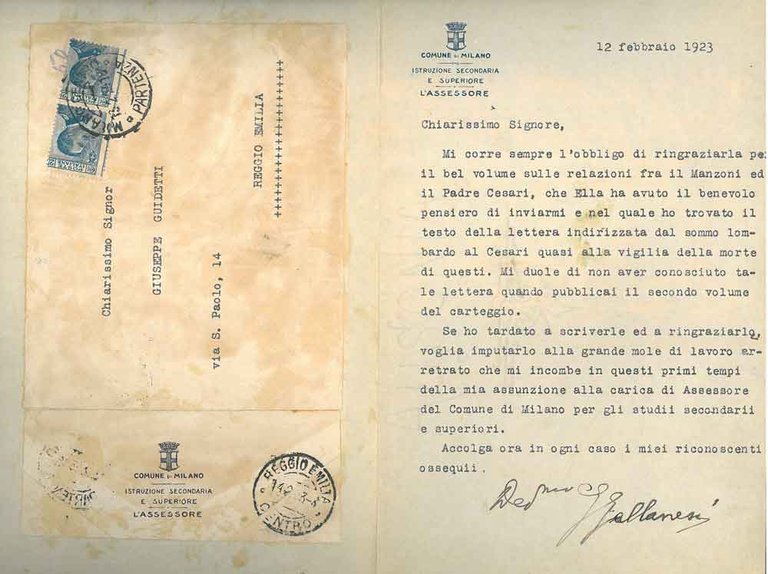 Foglio piegato intestato: "Comune di Milano, Istruzione secondaria e superiore, …