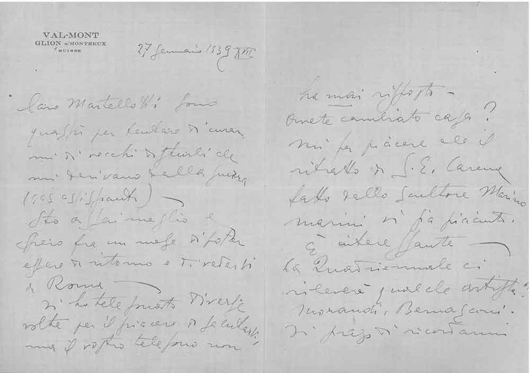 Foglio ripiegato, intestato: "Val-Mont Glion s/Montreux" e datato: "27 gennaio …