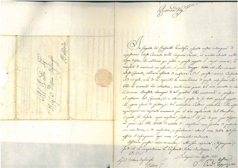 Foglio viaggiato e datato: "Bologna, 10 agosto 1821"
