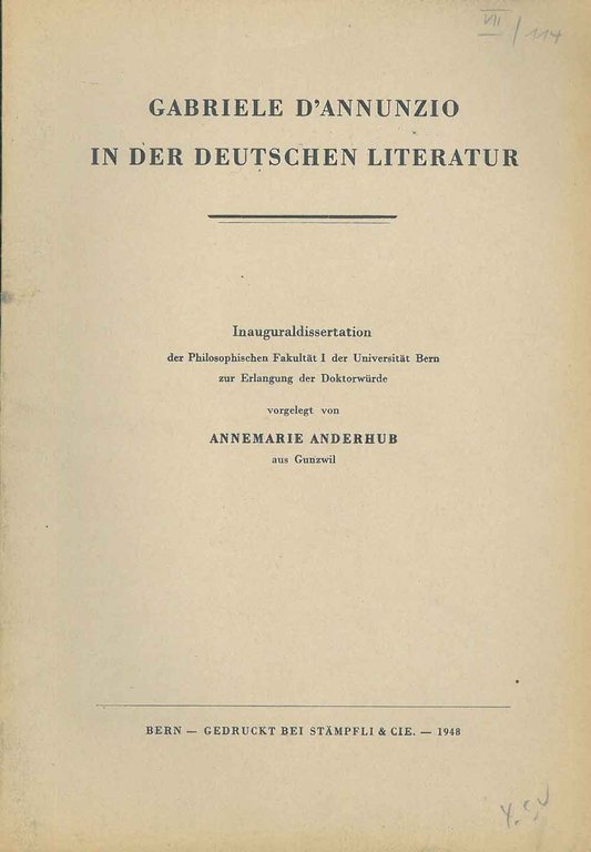Gabriele d'Annunzio in der deutschen Literatur. Inaugural dissertation der Philosophischen …