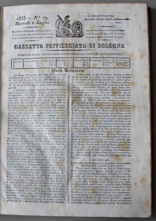 Gazzetta privilegiata di Bologna. Estratto delle osservazioni meteorologiche fatte in …