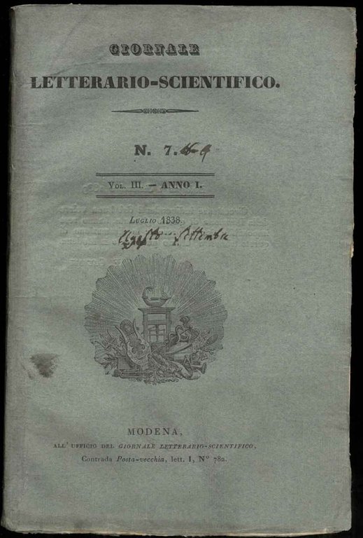 Giornale Letterario-Scientifico n° 7. Vol. III - Anno I. Luglio-Settembre …