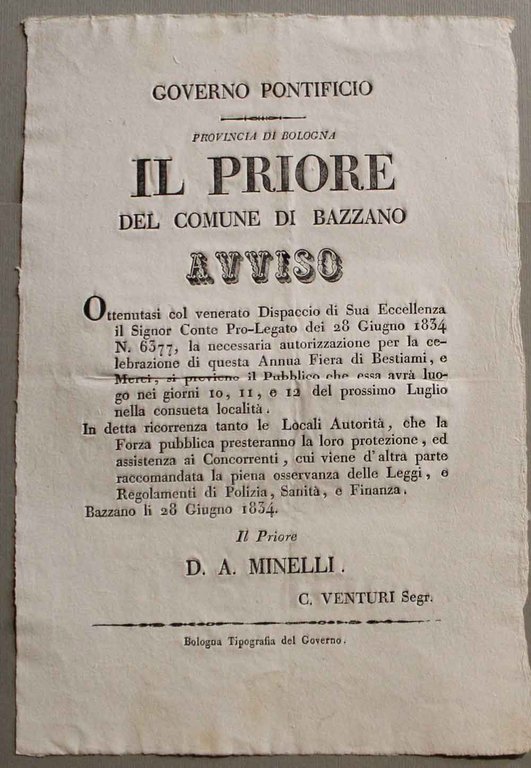 Governo Pontificio. Provincia di Bologna Il priore del Comune di …