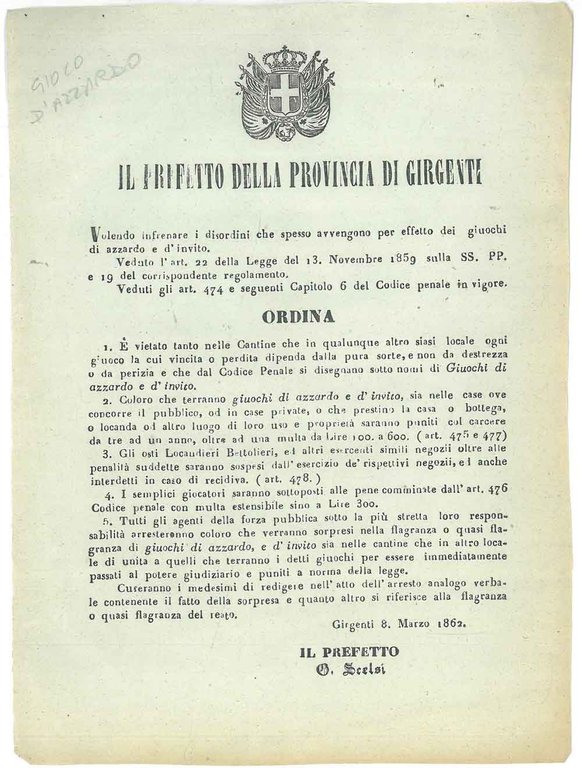 Il Prefetto della provincia di Girgenti Volendo infrenare i disordini …