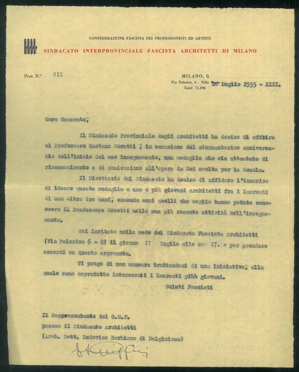 "Il Sindacato interprovinciale fascista architetti di Milano ha deciso di …