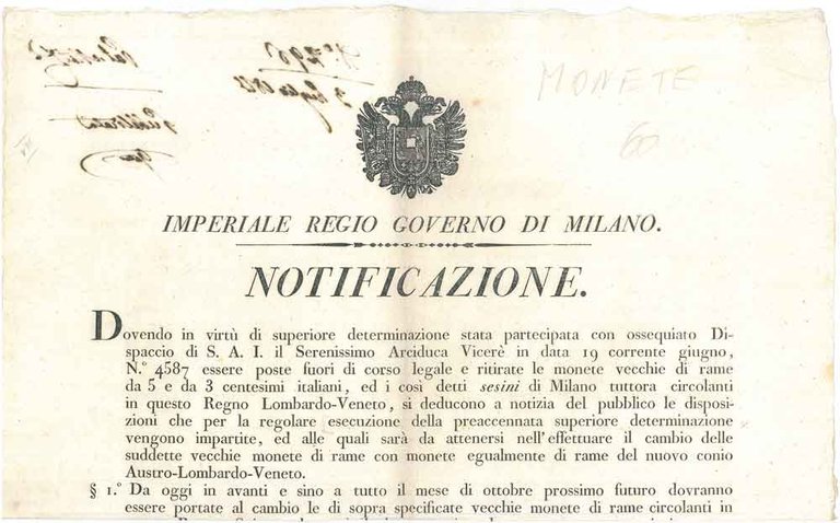Imperiale regio Governo di Milano. Notificazione. " Dovendo in virtù …
