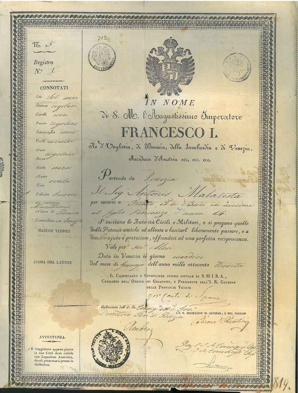 In Nome di S. M. L'augustissimo Imperatore Francesco I. Partendo …