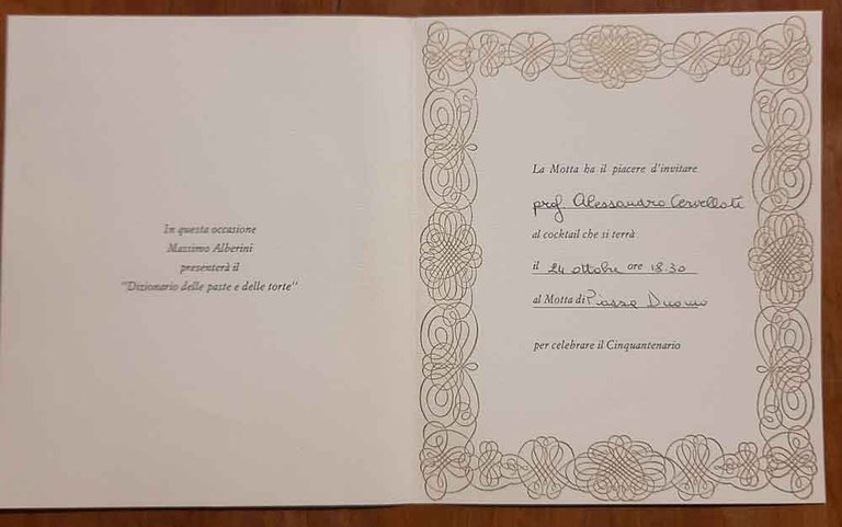 Invito ad Alessandro Cervellati per il cinquantenario della Motta, Piazza …