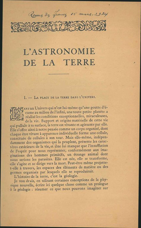 L' astronomie de la terre Estratto Revue de France, 15 …